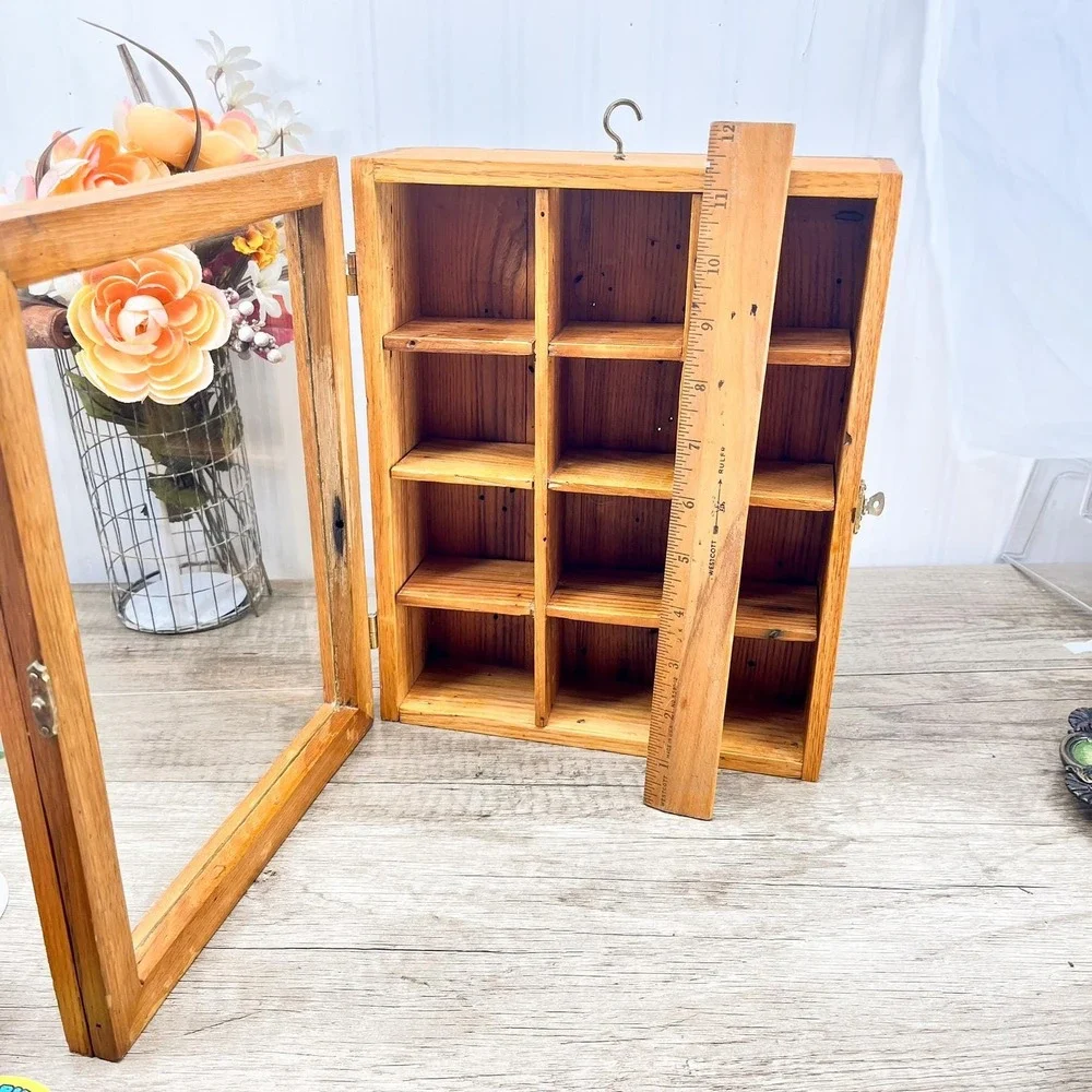 Vintage Natural Wood Curio Cabinet with Glass Door‎